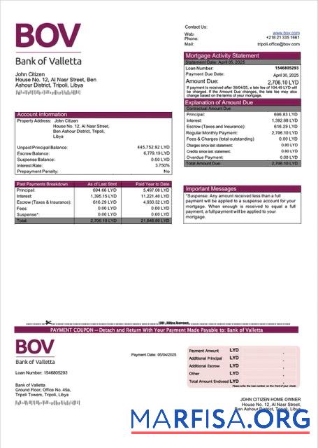 Printable Libya Bank of Valletta mortgage statement Word and PDF template